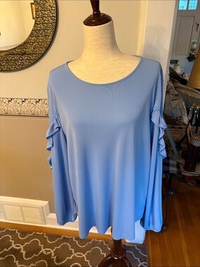 NEW Ann Taylor Light Blue Ruffle Sleeve Women's Top poly/ spandex XL